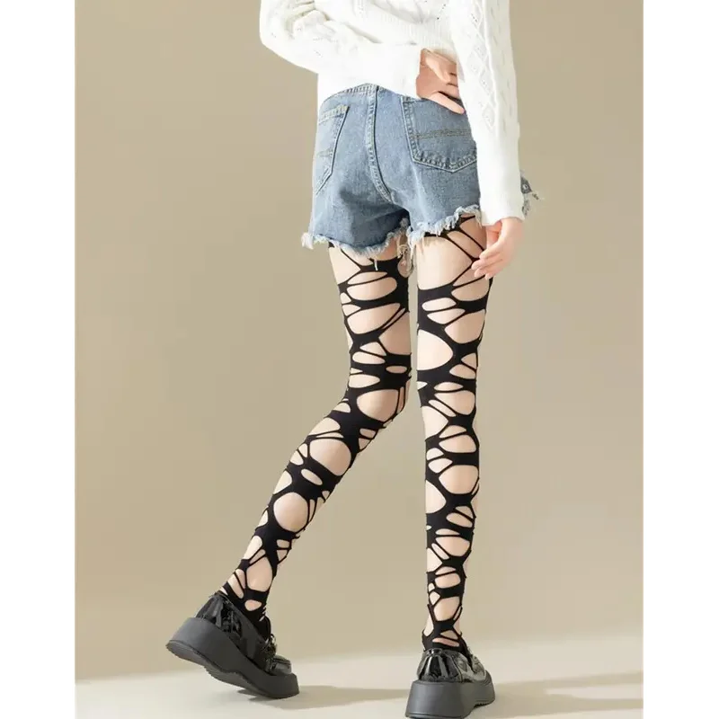 Seksowne czarne pończochy kabaretki z dziurami, damskie gotyckie punkowe rajstopy z siateczki, legginsy w stylu emo, streetwear dla egirl