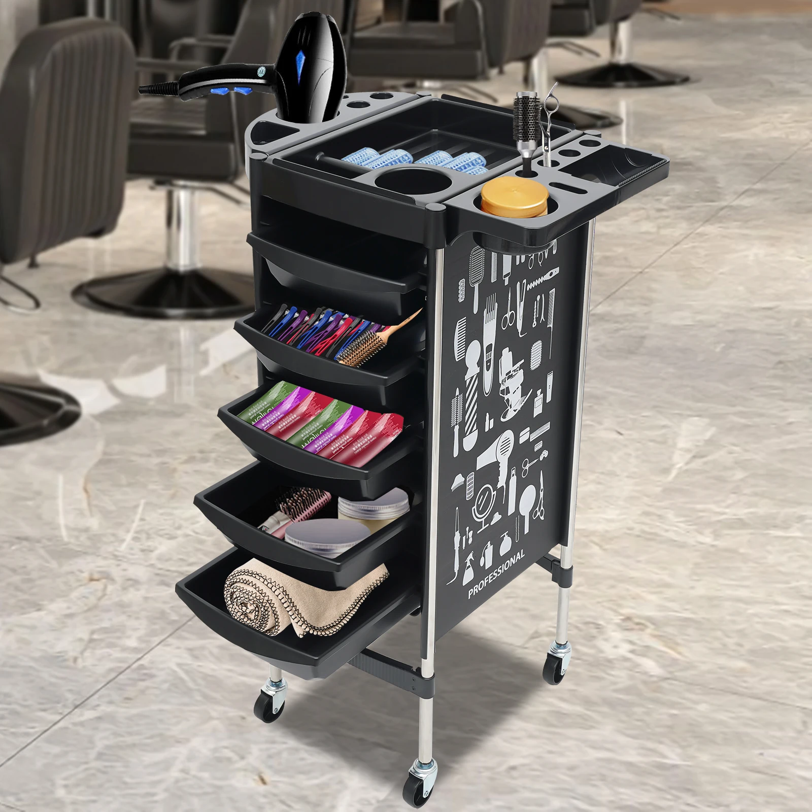 6-stufiger Salonwagen mit Trocknerhalter, Mehrzweck-Schönheitswagen mit 5 Schubladen, platzsparende Salonmöbel