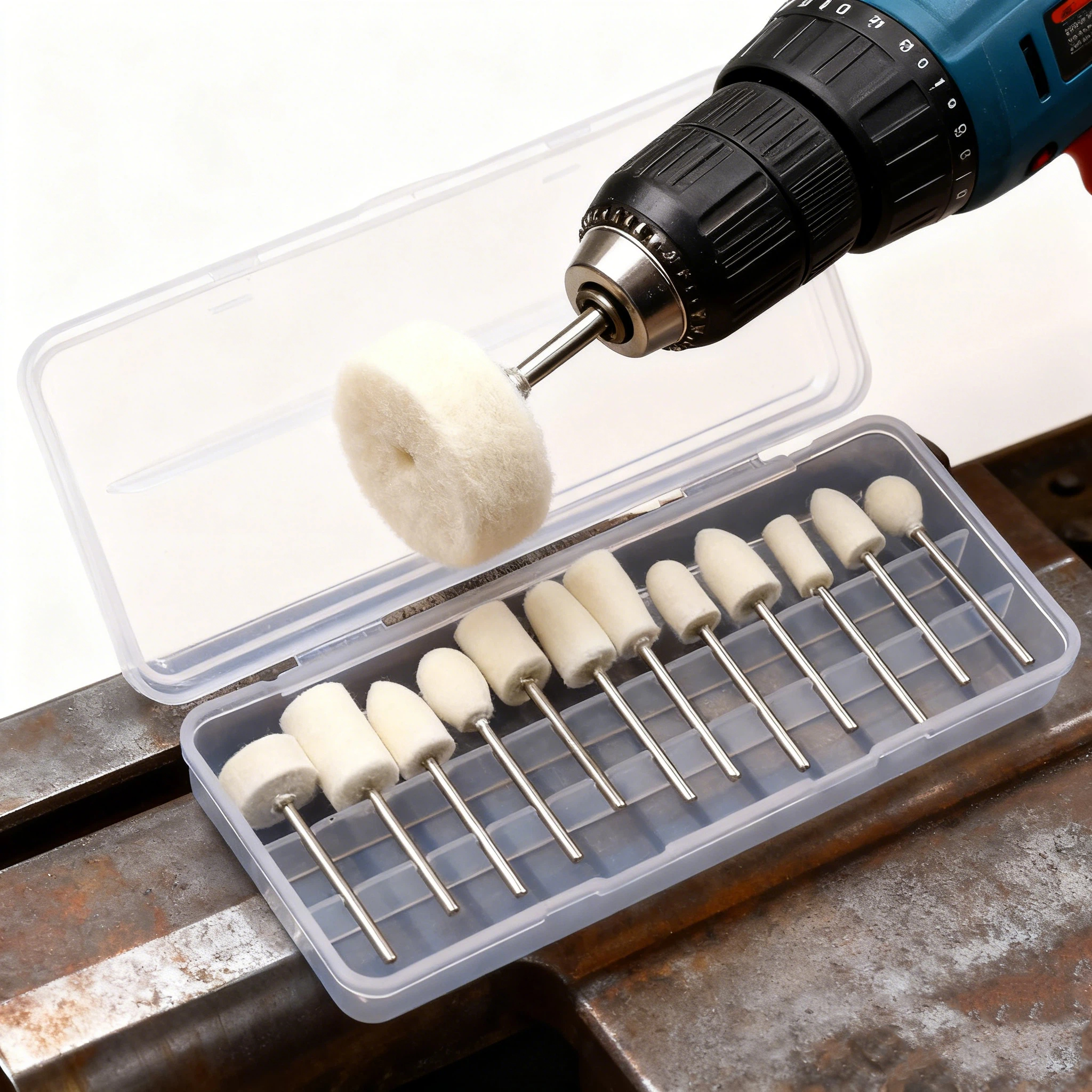 Rueda de pulido de fieltro de lana, 12 Uds., 8-11,8mm de diámetro exterior, vástago de 2,35mm para herramienta rotativa