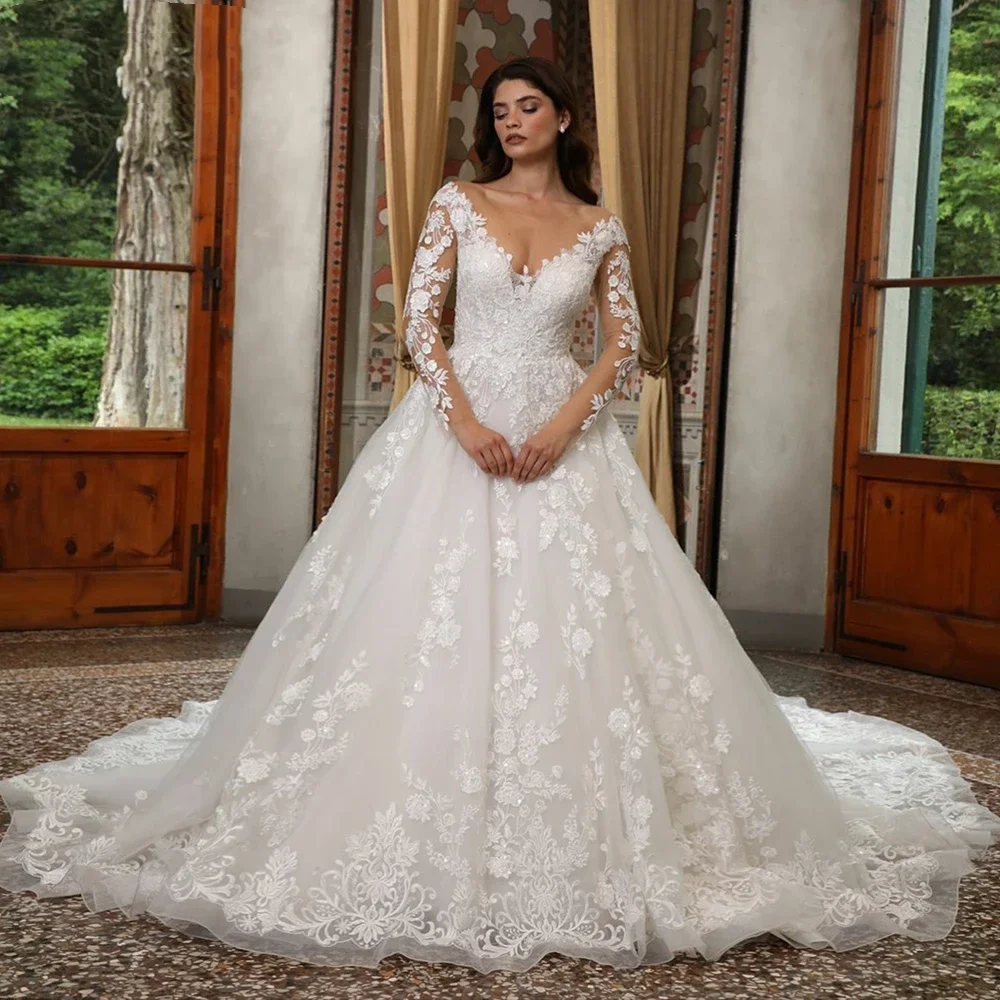 Flavinke Customized BOHO Tulle Wedding Dresses 2025 V-Neck A-Line Lace Appliques Pleated Exquisite Bride Prom Gown Bridal Gowns