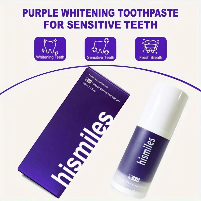 Pasta de dientes blanqueadora púrpura, limpieza profunda, eliminación de manchas, dentifrice, aliento fresco, elementos esenciales para el cuidado bucal para el hogar, vida diaria, 30ml