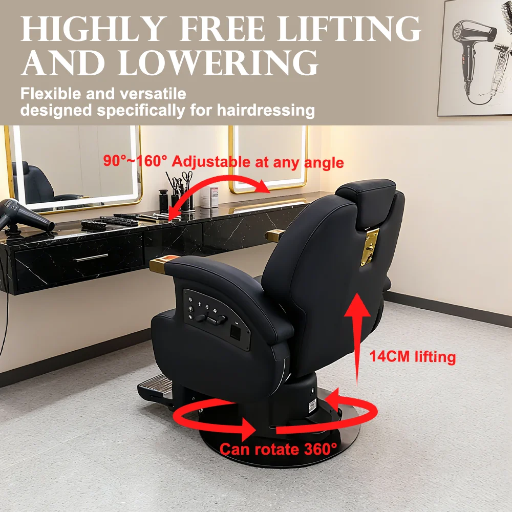 New adjustable black leather berber chairs electric swivel reclining barber chair with heating function