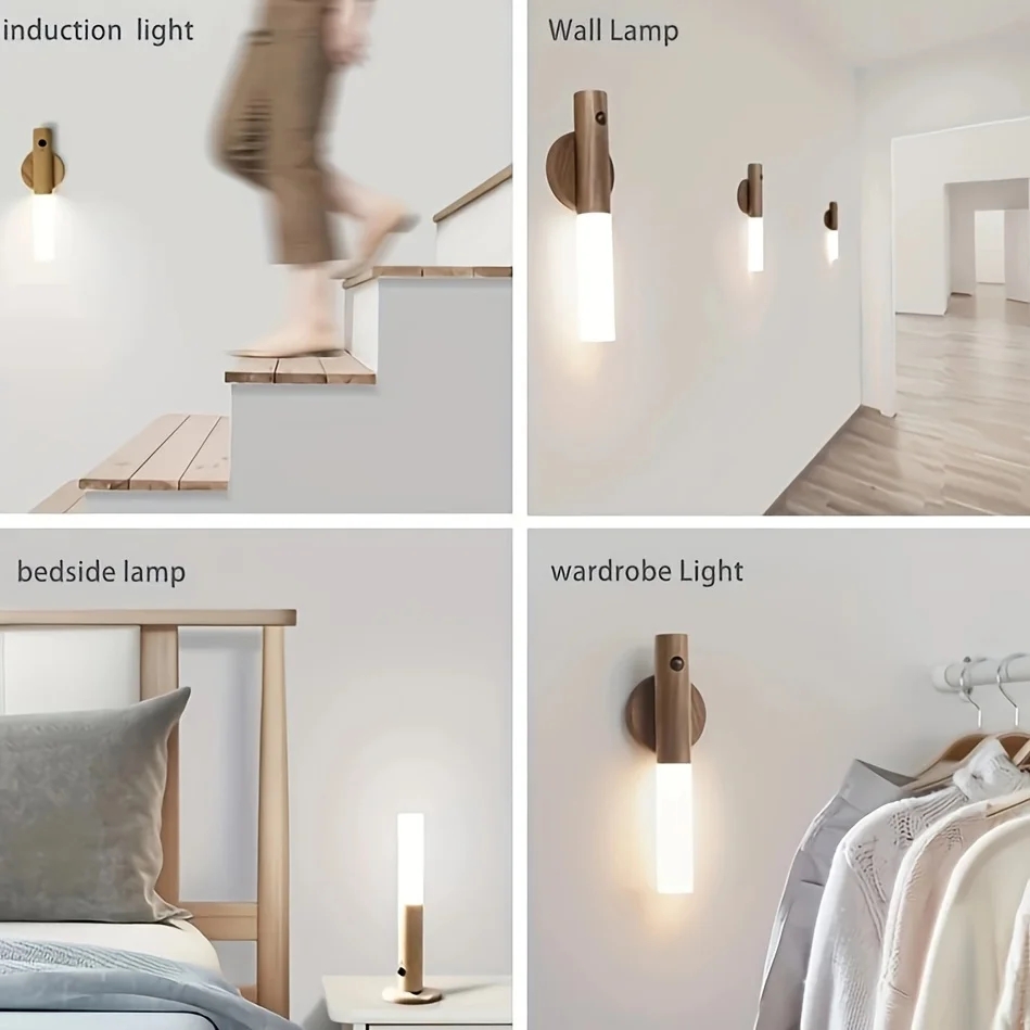 Led de madeira usb luz da noite lâmpada parede magnética armário cozinha luz casa escada quarto mesa mover lâmpada iluminação cabeceira