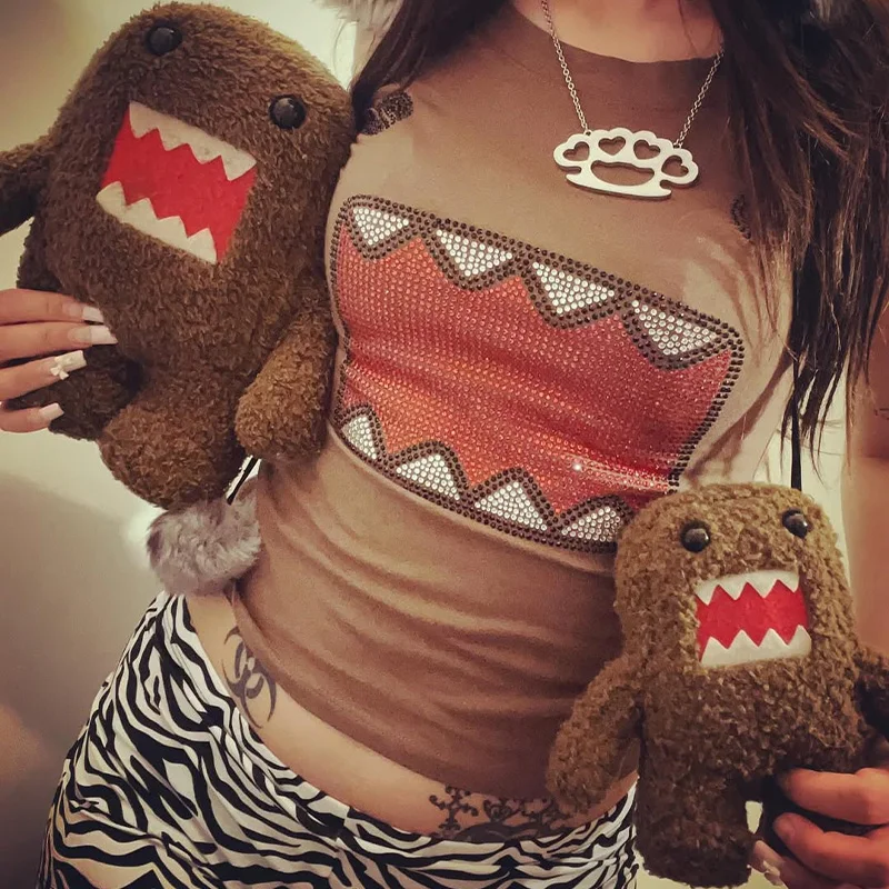 2025 verão novas mulheres y2k menina retro quente fix strass aplicação em torno do pescoço superior camiseta engraçado vintage tama jun topo