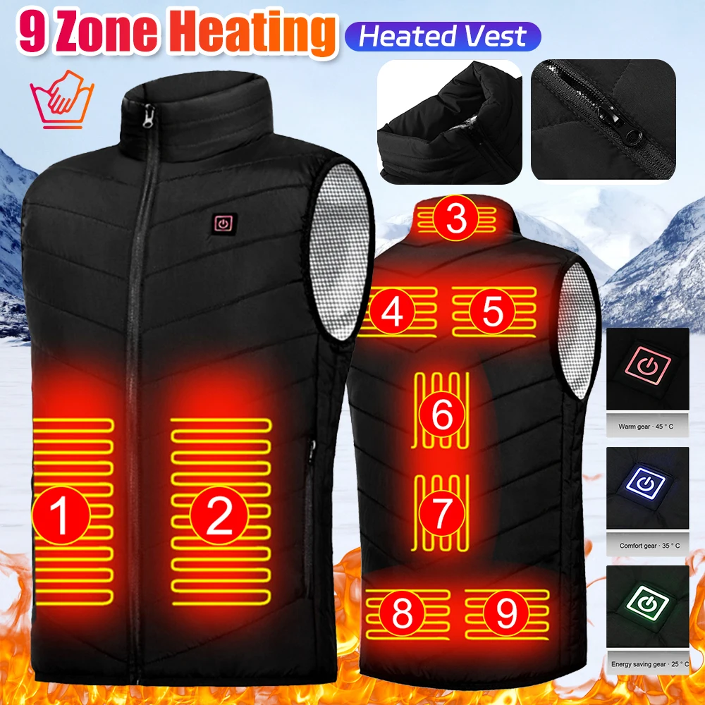 9-Zonen-Heizweste für Herren und Damen, USB, elektrisch, selbsterwärmende Weste, wärmende Weste, beheizte Jacke, waschbar, thermisch beheizte Kleidung