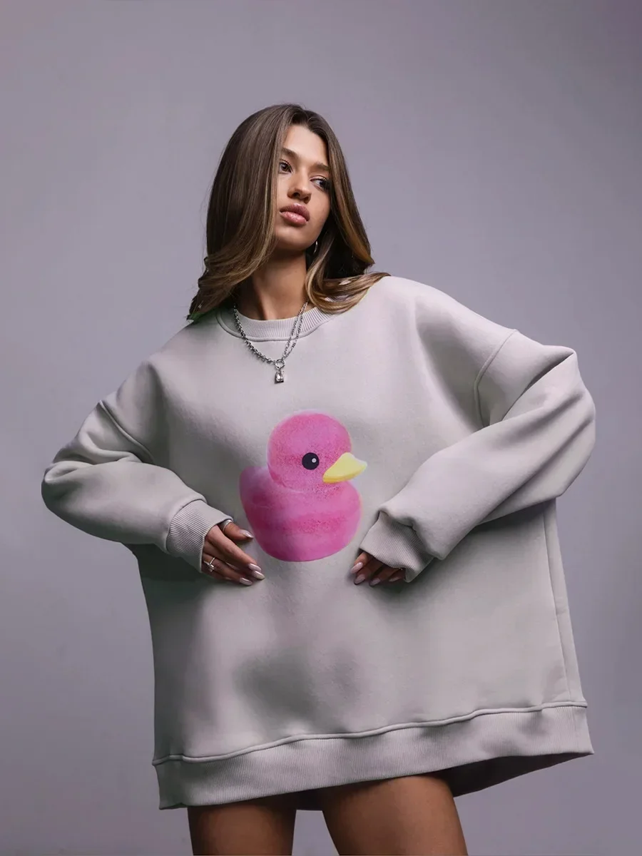 Bornladies Otoño Invierno cálido amarillo estampado de pato sudadera mujer suelta cuello redondo de gran tamaño cómodo de moda Casual sudaderas con capucha