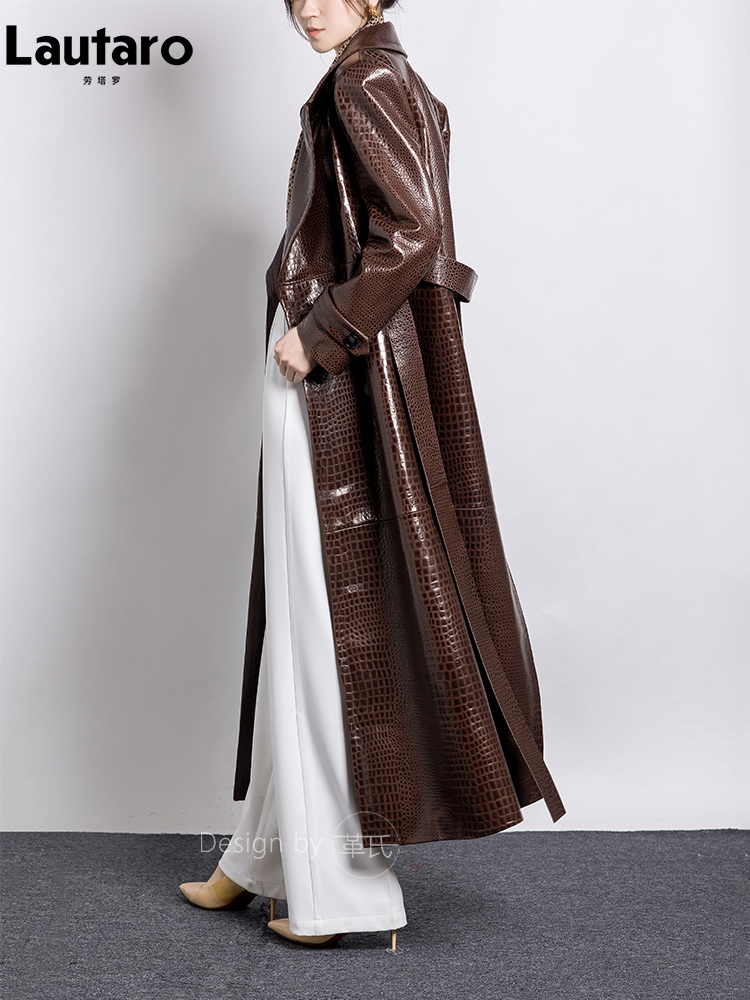 Lautarolo-光沢のある反射クロコダイル,パテントレザーのトレンチコート,女性用,ヨーロッパ,春秋,2023