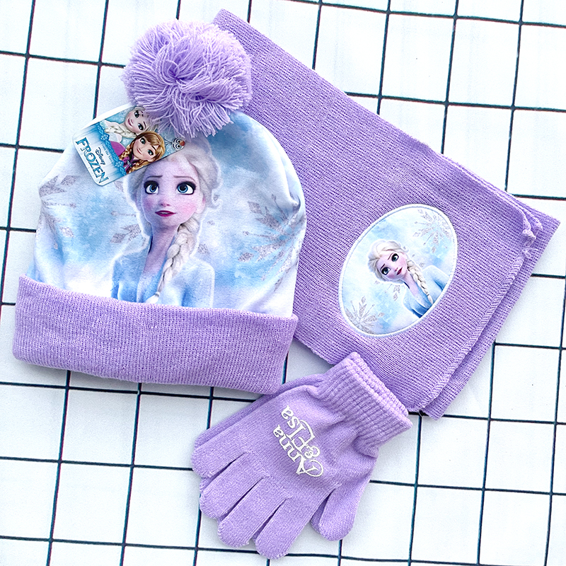หมวกเด็กฤดูใบไม้ร่วงฤดูหนาวใหม่ ELSA หมวกการ์ตูนผ้าพันคอถุงมือเด็กเด็กวัยหัดเดินสาวหมวกและผ้าพันคอชุด