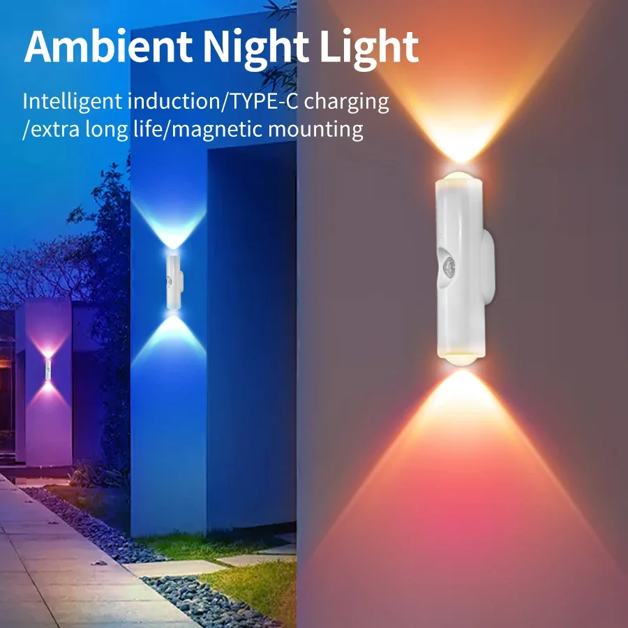 Luz noturna led de cabeça dupla com sensor de movimento, lâmpada de parede magnética recarregável rgb, luz ambiente para armário, corredor, escada