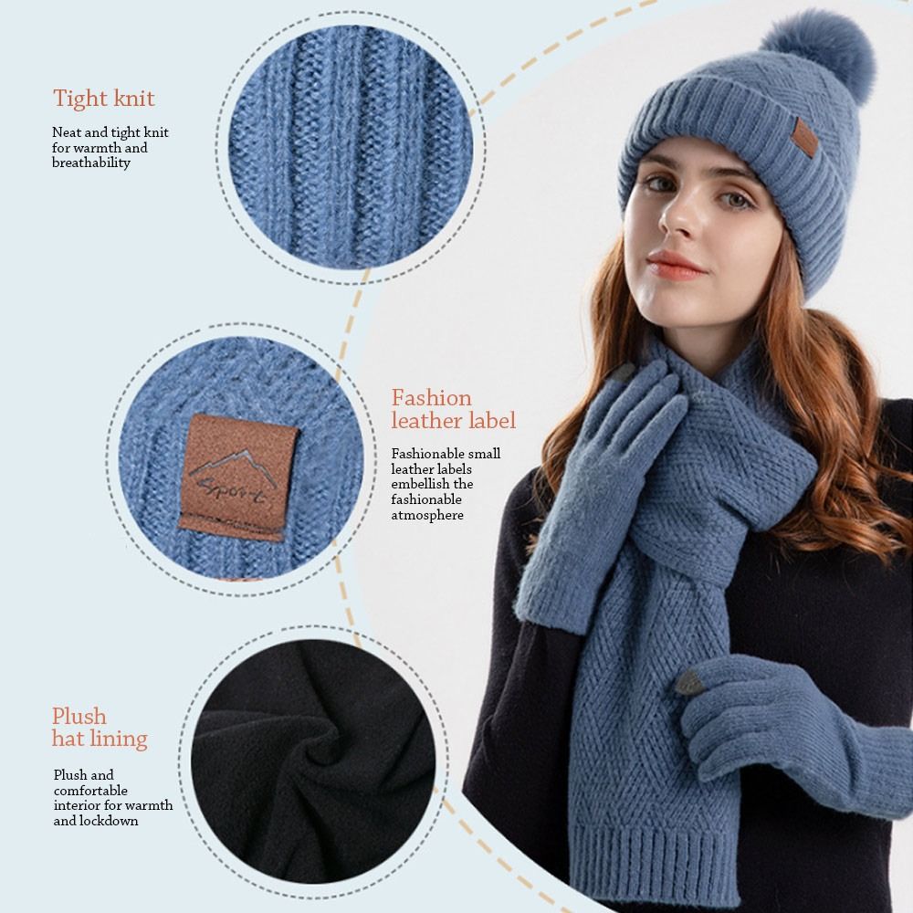 3Pcs/Set Winter Touchscreen Knitted Hat Neck Protection Warm Scarf Gloves Set Windproof Outdoor Beanies Hat Men Women