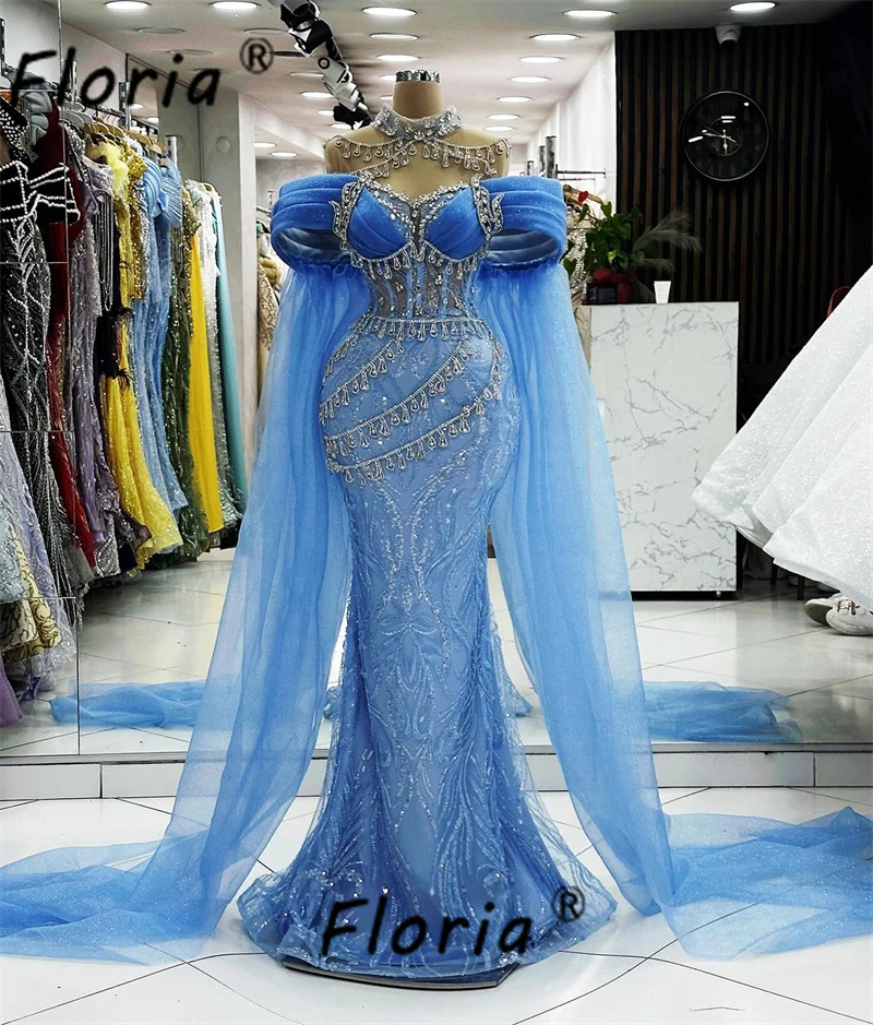 High Event Blauwe Zeemeermin Avondjurken Met Lange Sjaals Off Shoulder Zilveren Kristallen Franje Kwastjes Getrouwd Feestjurk Elegant Prom