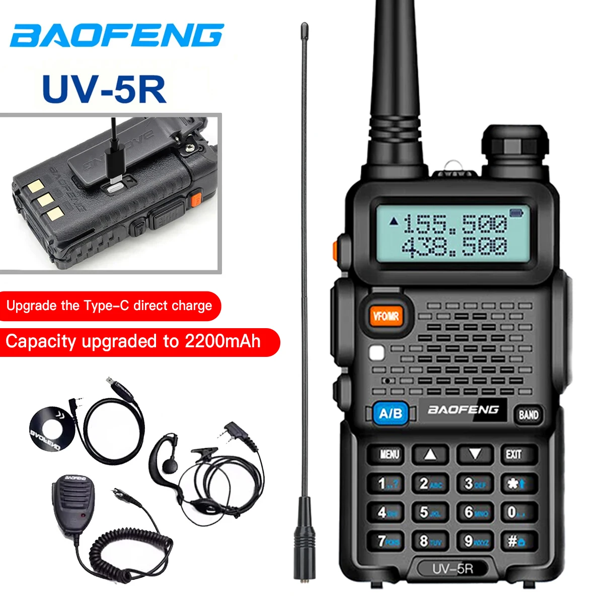 Baofeng UV-5R USB Lange Afstand Dual Band Ham Amateur Met Vhf Uhf Fm CB 128CH 2200mAh portátil de mano de largo alcance Radio bidireccional