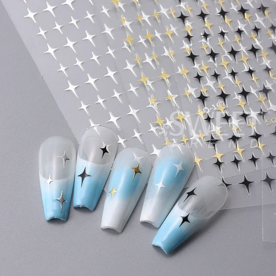 3D Black Sliver Stars Nails Stickers Bronzing Laser White Cross Starlight Glossychic Stylish Y2K Adhesive Manicure Decorations