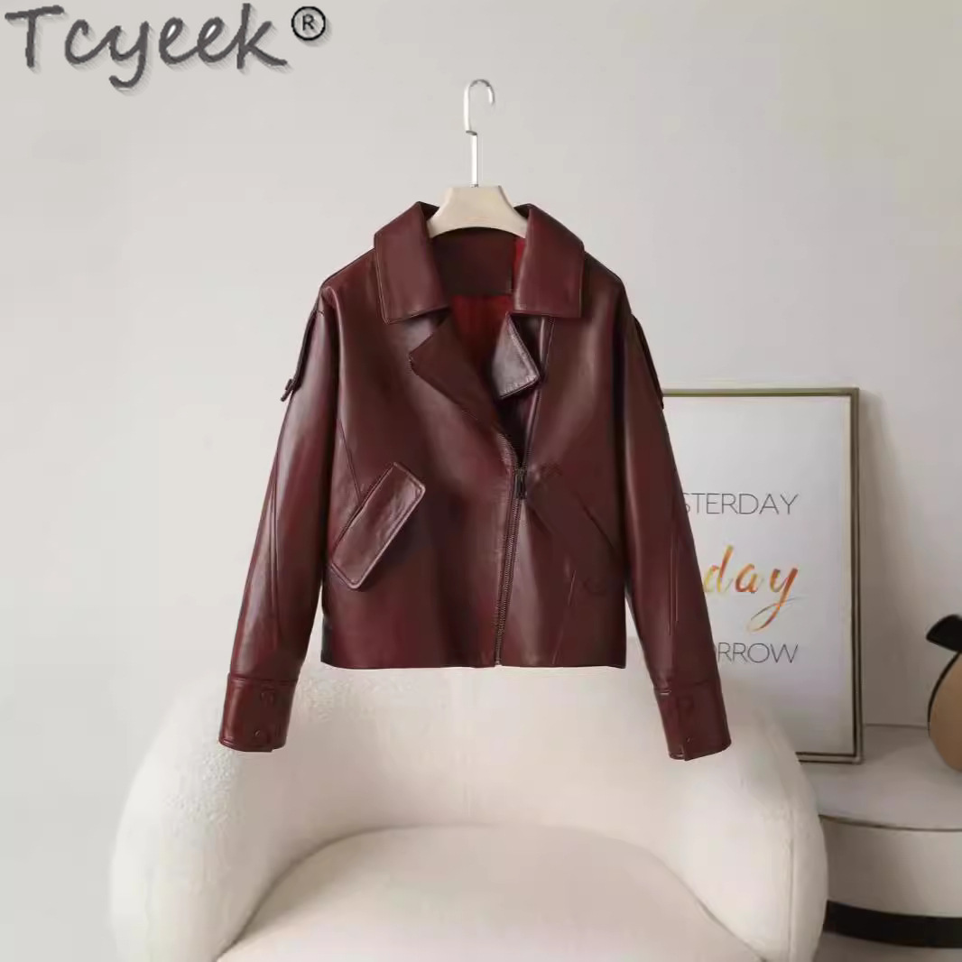 Tcyeek-jaqueta de couro real feminina, casaco de pele de carneiro genuíno, jaquetas femininas de motocicleta, roupas soltas, primavera e outono