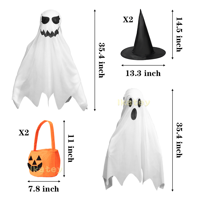 6ชิ้นชุดผีฮาโลวีนที่น่ากลัวสำหรับเด็กชุดปอนโชใบหน้าผีสีขาวถังฟักทองลูกกวาดหมวกแม่มดอุปกรณ์สำหรับงานเลี้ยง