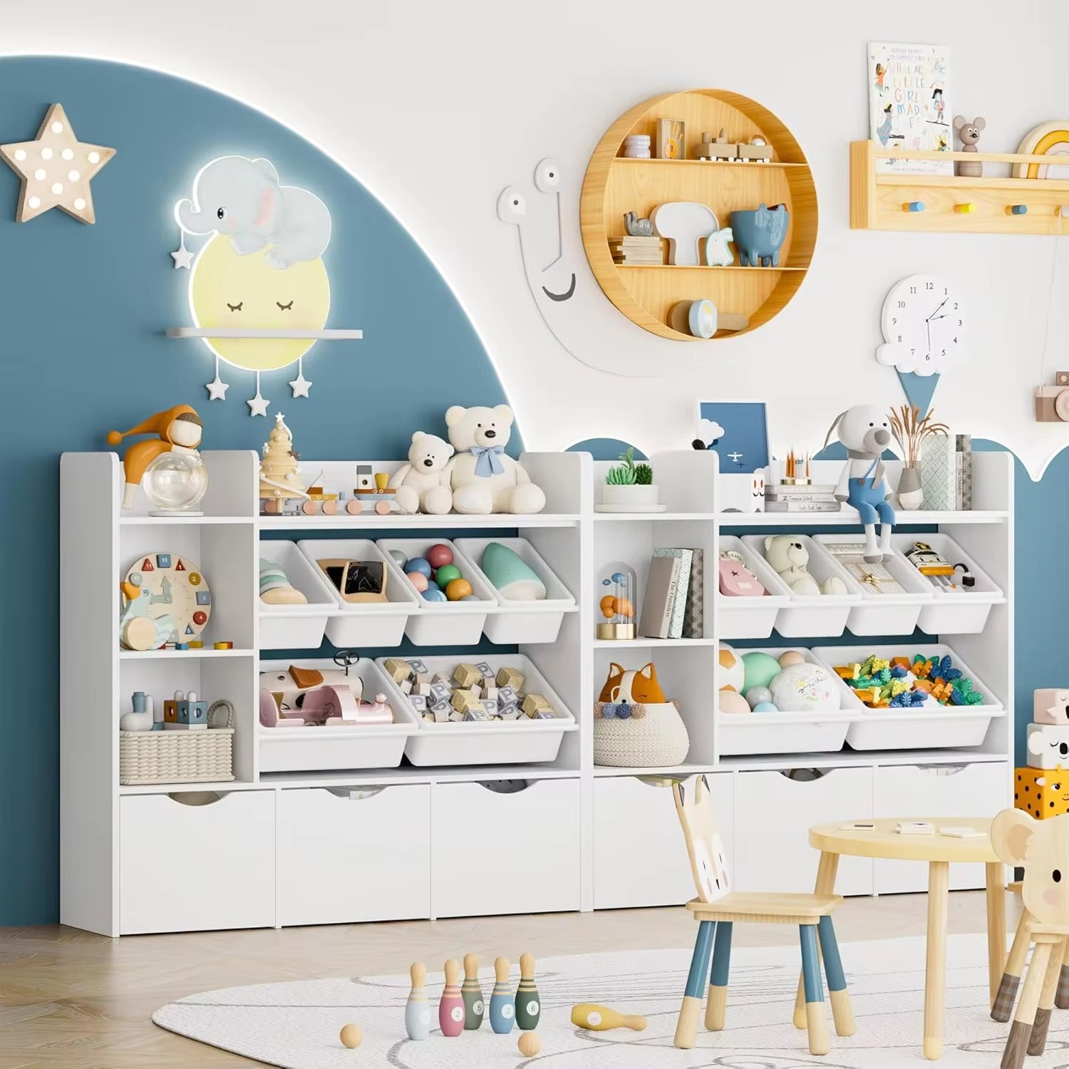 Toy Storage Organizer with 3 Drawers,Bookshelf and Bookcase with 6 Plastic Bins & 2 Storage Cubbies,Toy Storage Box for Playroom