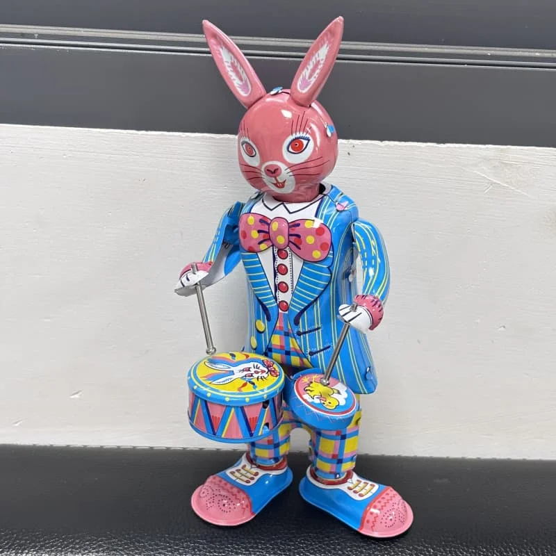 Lapin tambour battant enroulement jouet amusant classique rétro horloge couleur marche étain métal mécanique jouet