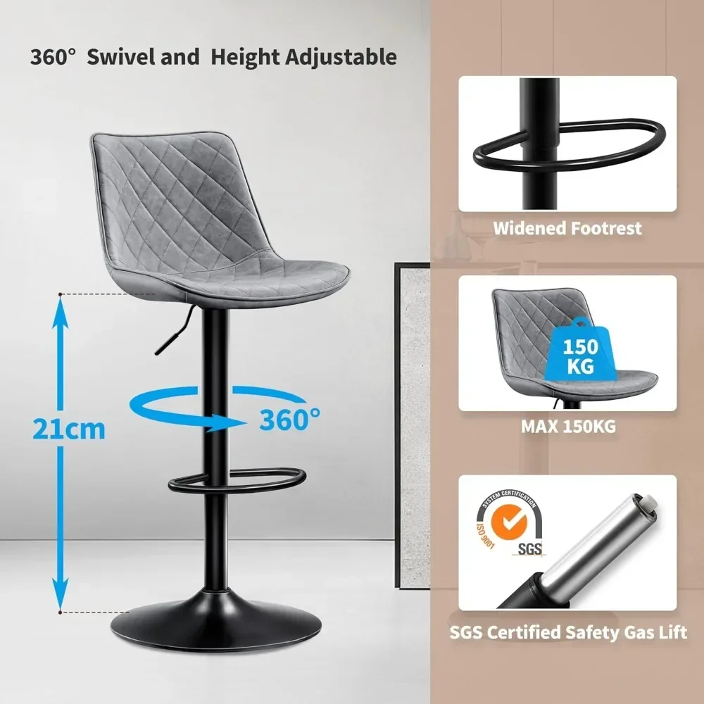 Modern Bar Stool Height Adjustable Scratch-Resistant Leather Bar Chair X-Large Base and Seat Bistro Stool, Heavy Duty Kitchen