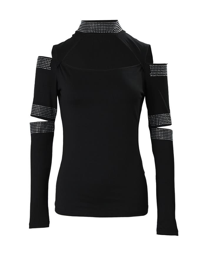 女性のためのトップ 2023 春コールドショルダーカットアウトラインストーン装飾トップ feminino ファッションデイリー長袖 Tシャツ新カジュアル Tシャツ