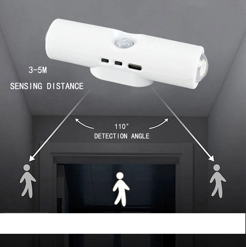 Luz noturna led de cabeça dupla com sensor de movimento, lâmpada de parede magnética recarregável rgb, luz ambiente para armário, corredor, escada