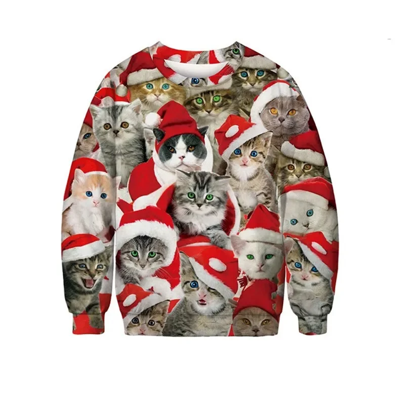 Suéter de gato estampado em 3D para homens e mulheres, suéteres feios de Natal, tops, pulôver de festa, moletom com capuz, 3XL, 2023