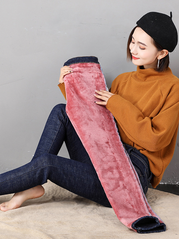Jeans femininos grossos de cintura alta, calças lápis justas elásticas, calças jeans femininas, moda outono e inverno