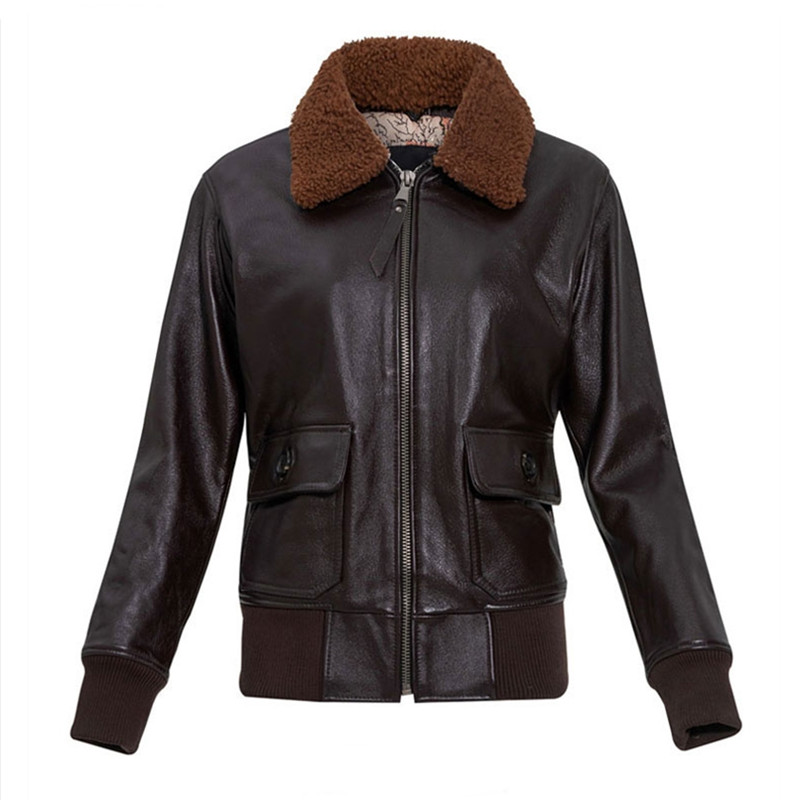 女性用ダークブラウンパイロットレザージャケット,フライトコート,本物の天然牛革,ウールの襟,ミリタリースタイル,ラージサイズ,3XL, G3