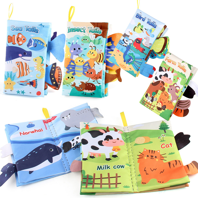 Livro de pano para bebês, brinquedos educativos com cauda de animais de desenho animado, livro de pano de papel com anel, iluminação, brinquedos para bebês de 0 a 12 meses, presentes