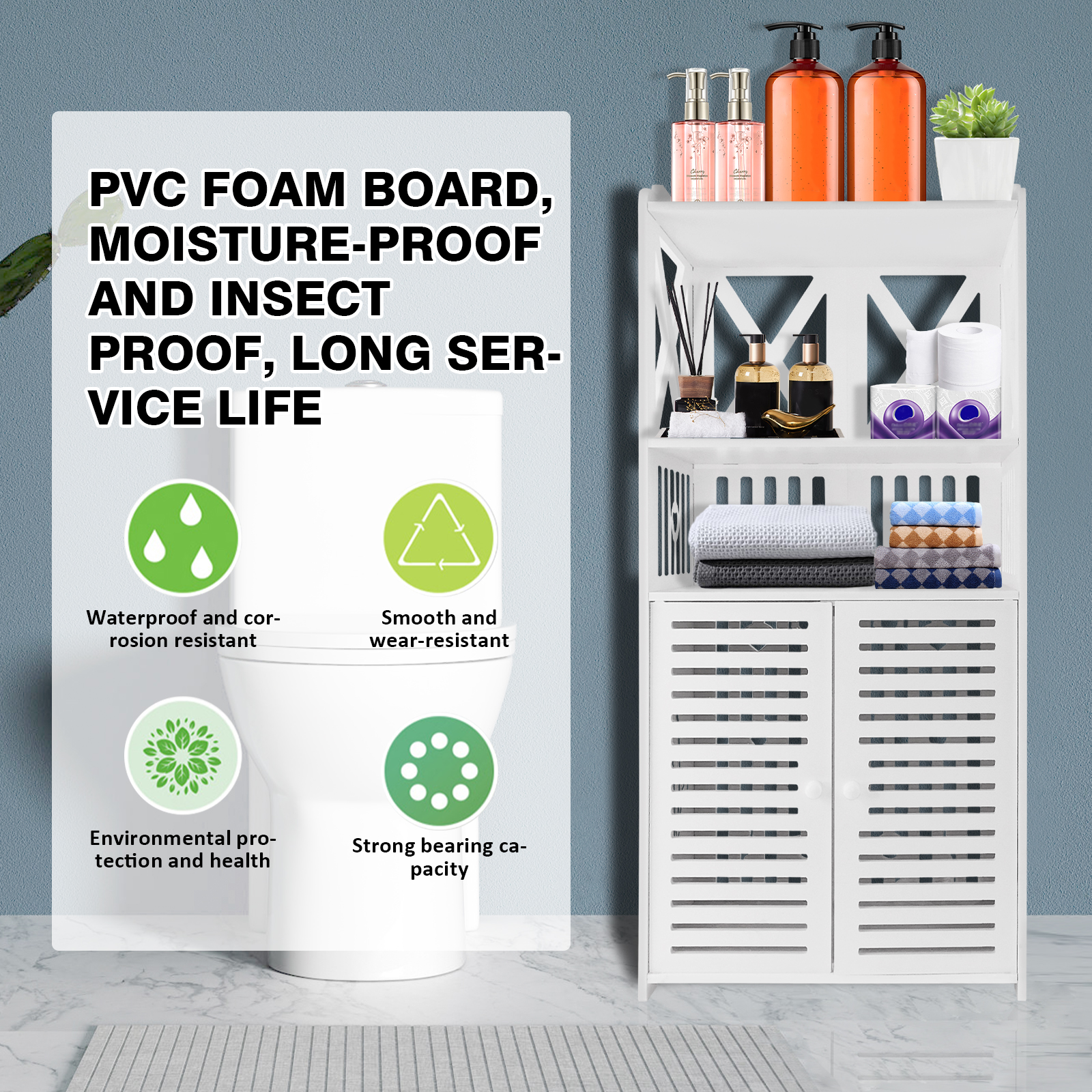 Bathroom Floor Cabinet,Waterproof FreeStanding Bathroom Storage Unit with Daily Use Layer and Cupboard Double Door,3 Tier PVC