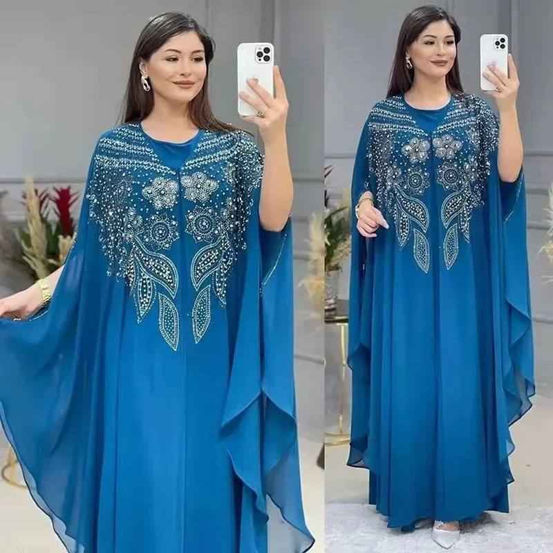 女性のためのドバイ高級 2024 シフォン Boubou イスラム教徒のファッションドレスカフタンマロカインウェディングパーティー機会 Djellaba ファム
