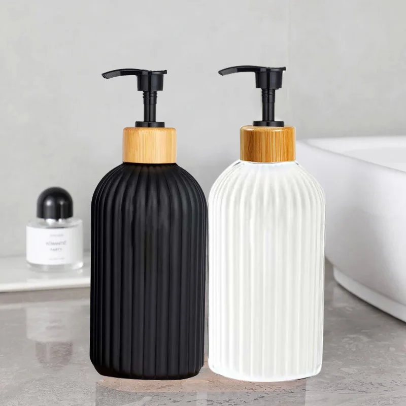 Strip Soap Dispenser com Bomba de Bambu, Garrafa Recarregável, Shampoo Condicionador, Loção, Lavagem Corporal, Recipiente Vazio para Banheiro, 500ml