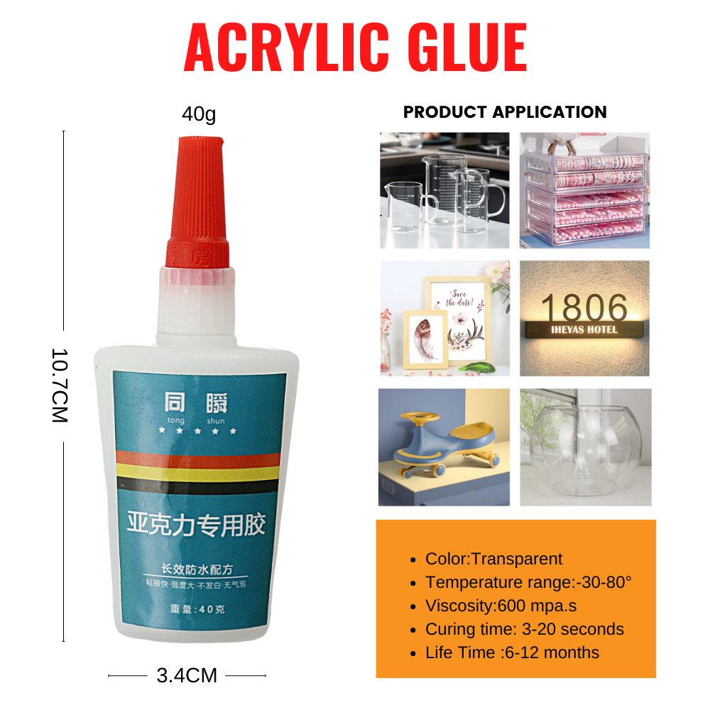 Colle acrylique instantanée forte 40g, adhésif PMMA ABS Transparent plexiglas PVC plastique PP PC colle étanche