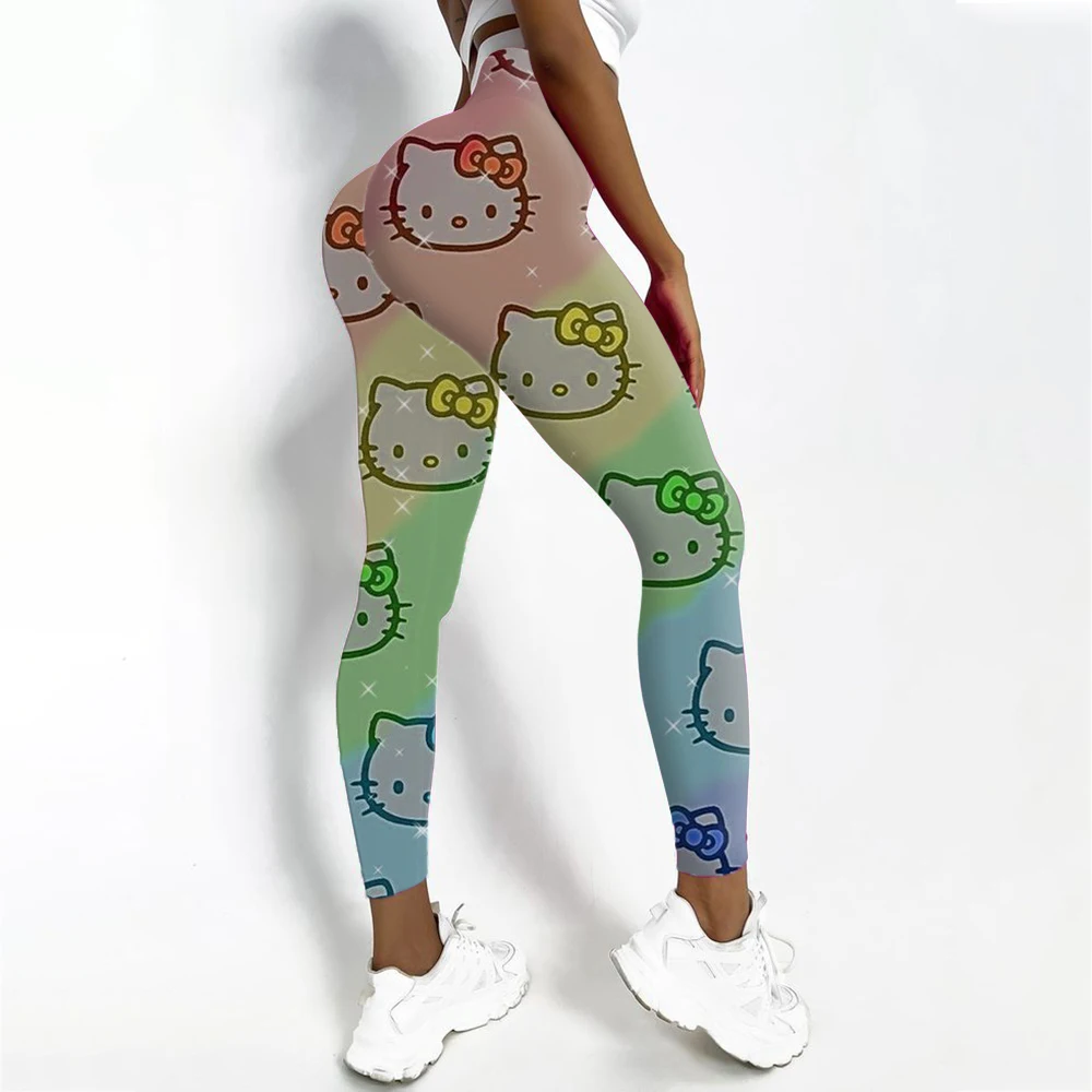 เลกกิ้งกีฬาและฟิตเนสสําหรับผู้หญิงพร้อมการยืดพิมพ์ลาย Hello Kitty และกางเกงโยคะเซ็กซี่สําหรับฝึกซ้อม วิ่ง ยิม แห้งเร็ว