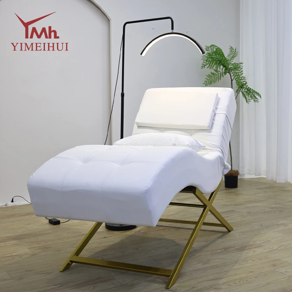Letto per ciglia per massaggio spa con letto facciale in velluto curvo bianco dal design moderno e di lusso per salone di bellezza