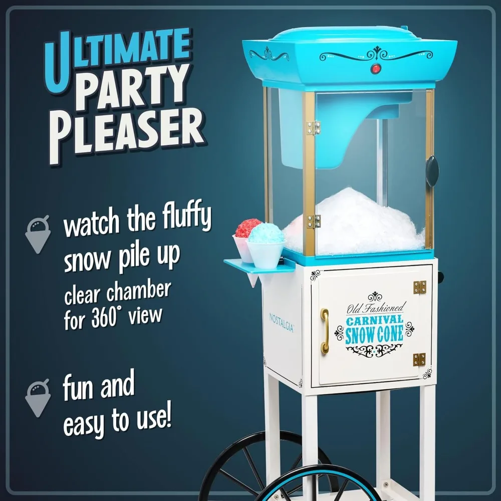 Snow Cone Shaved Ice Machine - Retro Cart Slushie Machine Makes 48 Icy Treats - Includes Metal Scoop, Storage