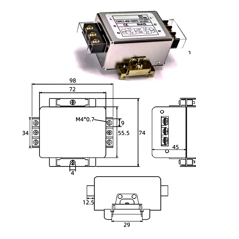 Single-phase power filter CW4l2-S (005) 3A to 40A Bipolar guide terminal block 220v AC EMI power supply anti-interference