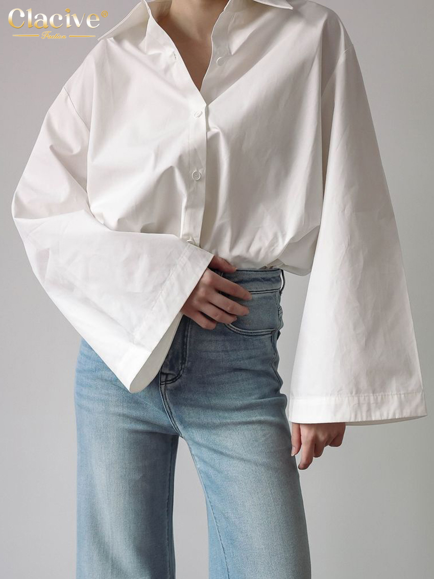 Clacive moda solta blusa feminina de algodão branco 2025 casual lapela camisa de manga longa elegante clássico sólido topo roupas femininas