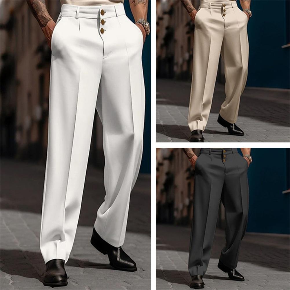 Pantalon de costume élégant pour hommes, avec coupe droite, ample, poches souples, fermeture à boutons, taille moyenne, formel pour le bureau