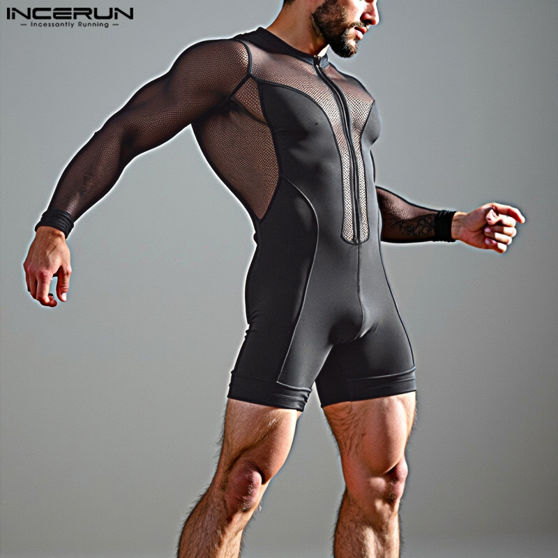 INCERUN, monos informales de manga larga para hombre, bien ajustados, empalme de malla, cuello redondo, cremallera, monos, ropa de casa cómoda y hueca Simple