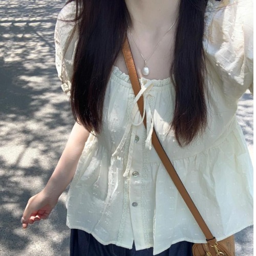 Doce renda guarnição ort sve irt feminino verão único bolha sve boneca topo gola quadrada blusa faionable senhoras irt