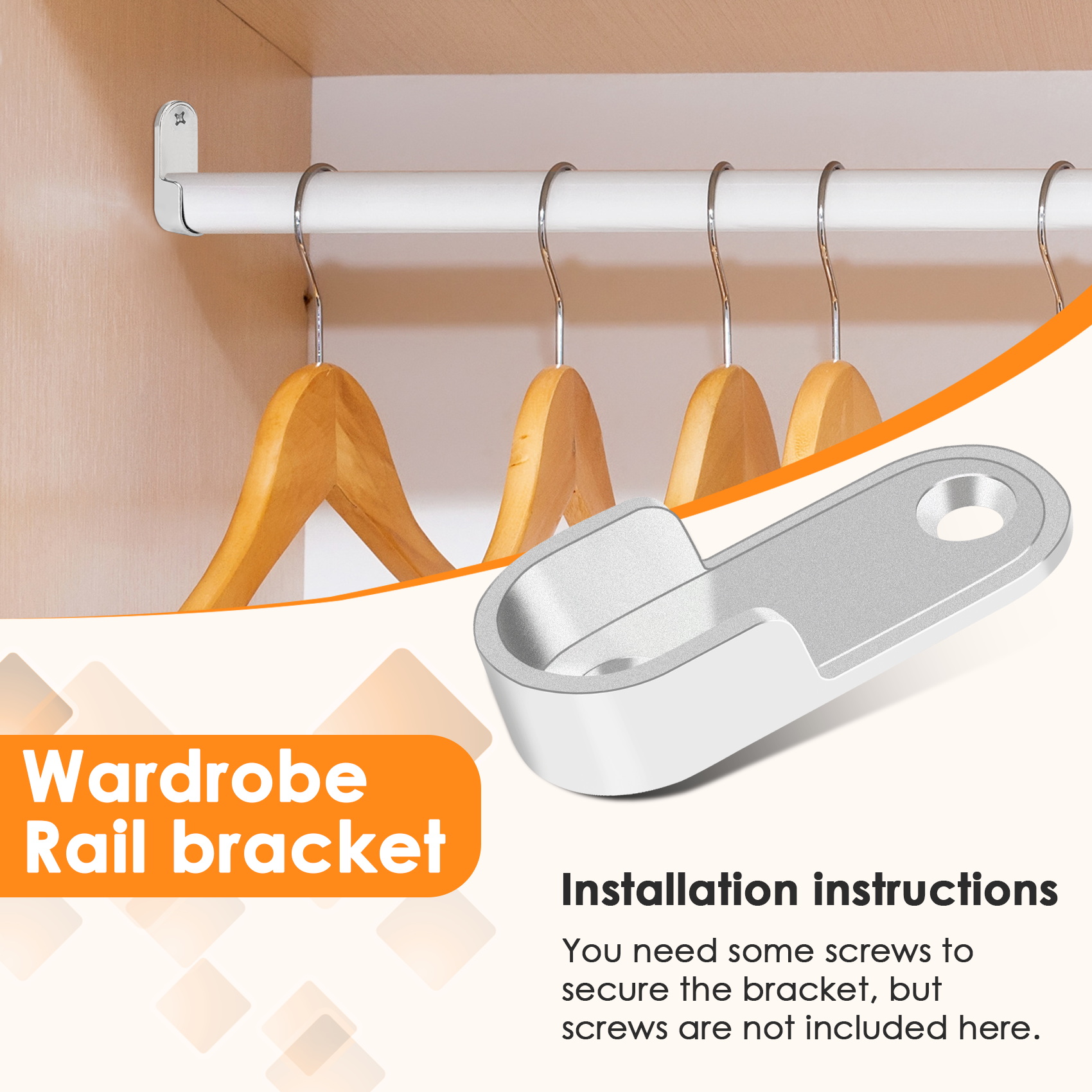 Oval Wardrobe Hanging Rail Rod End Bracket Support Silver Tone Pair