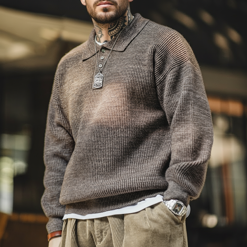 Maden retro camisa polo de malha solta cor café lapela camisola outono inverno masculino tio fu jumper malhas casuais