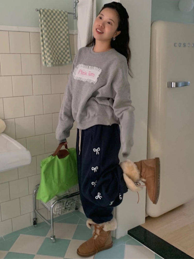Cute Knot Print Sweatpants Spor Casual Pants Women's Fleece Patterned Leggings Sweet Sle Long Pants Spring 2024