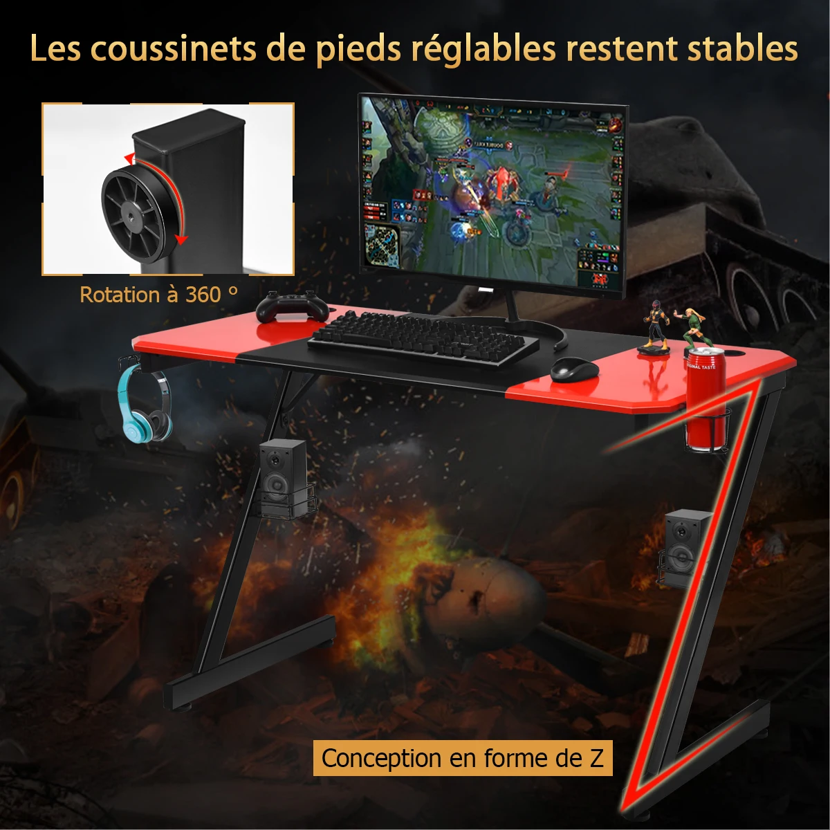 Bureau Gaming Surface en Fibre de Carbone 120 X 60 X 76CM avec Porte-gobelet, Crochet pour Ecouteurs et Supports Audio Noir et Rouge