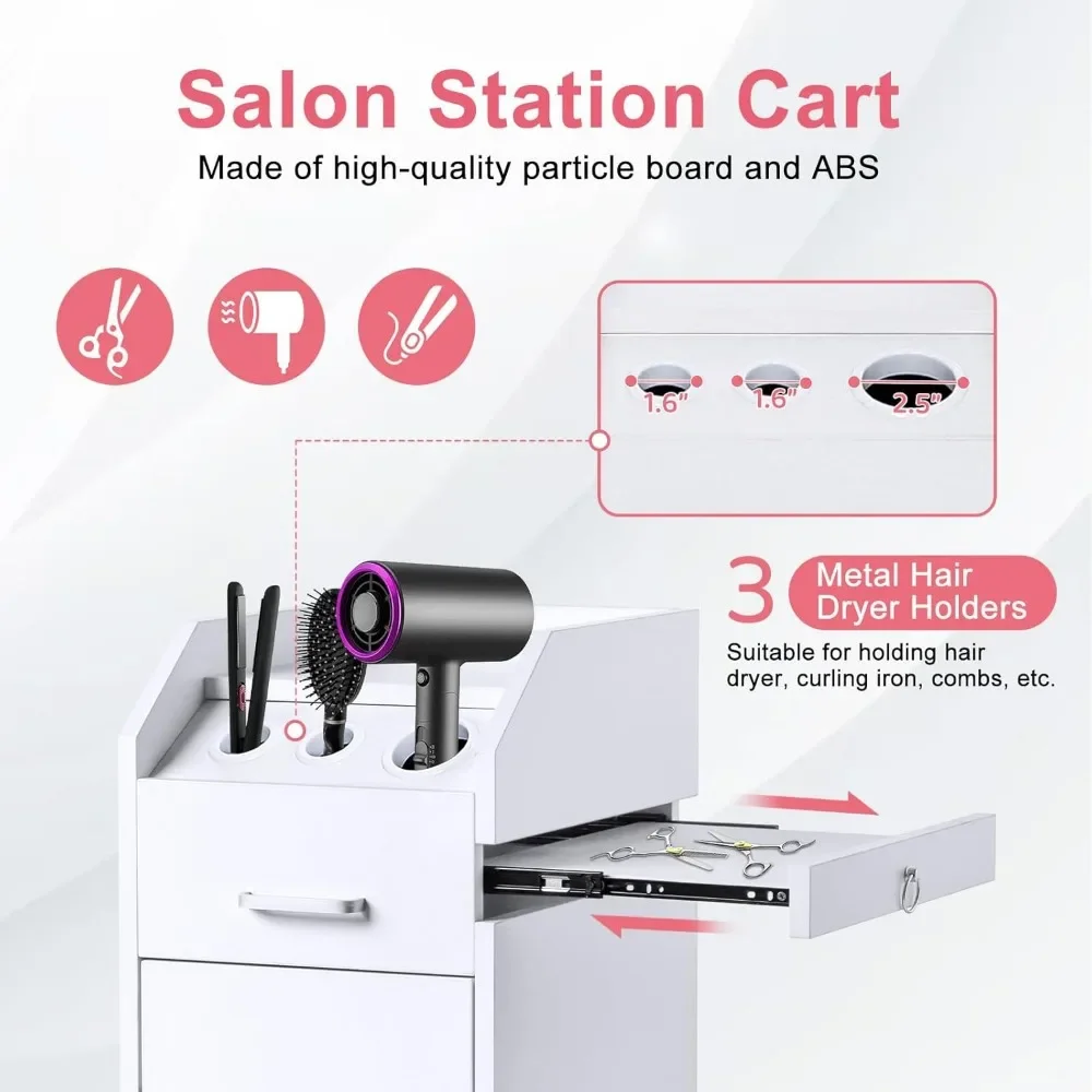 Hair Salon Storage Cart with Wheels & 3 Hair Dryer Holders, Hairdressing Tools Station Mobile Makeup Case, Salon Trolley