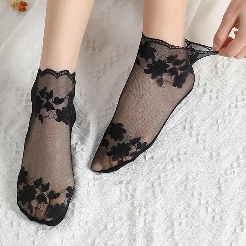 5 pares calcetines mujer calcetines tobilleros mujer calcetines cortos Calcetines de encaje transparente para mujer, medias invisibles de Lolita, antideslizantes, tobilleras cortas, negras, de corte bajo