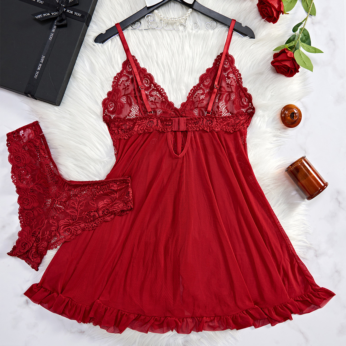 Lencería Sexy roja transparente, ropa interior para mujer, ropa de dormir transparente, camisón de encaje y bragas, conjuntos de Pijamas, camisón Sexy para mujer