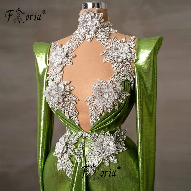 Elagant grün Perlen Meerjungfrau Abendkleid 3d Blumen Kristall glänzend hochwertige Stoff formelle Anlass Kleider Front Tail Gala