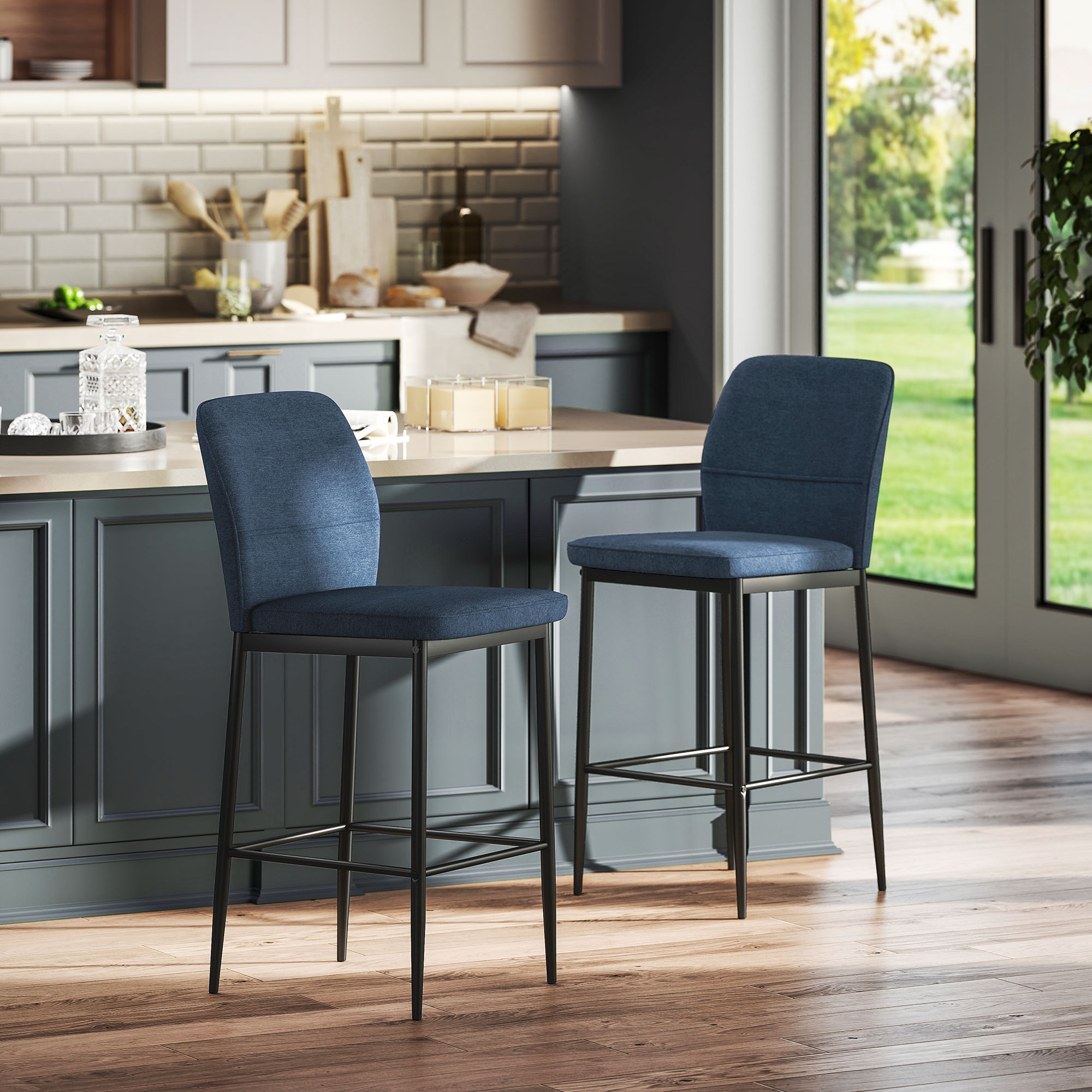 Homcom Set mit 2 Hochhockern mit Samtpolsterung und Stahlbeinen für die Küche, Esszimmer, Bar, 41 x 52 x 97 cm, Blau