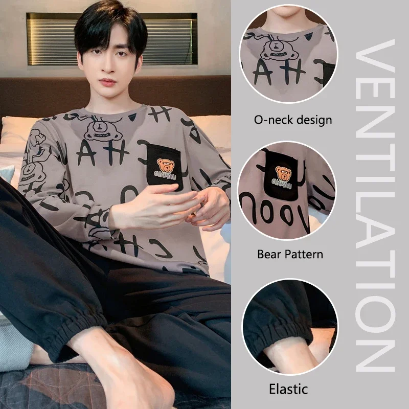 Zweiteiliger Herren-Pyjama in Übergröße, langärmelig, locker, atmungsaktiv, Cartoon-Bär, gestreift, Buchstaben, Schwarz, Rundhalsausschnitt, Loungewear-Set pj